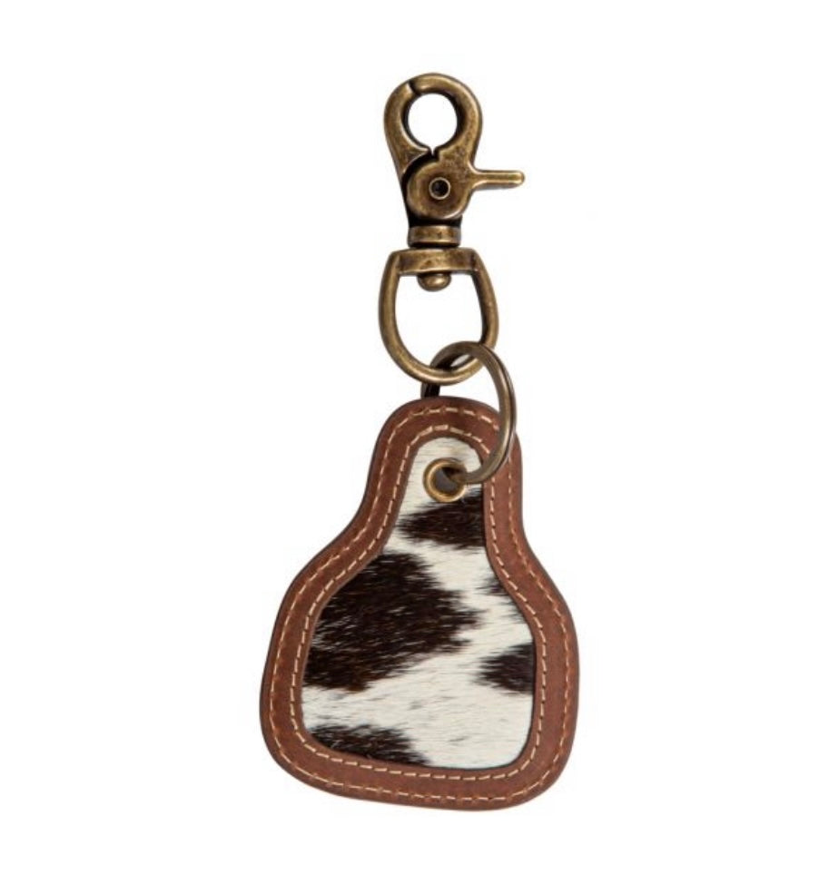 Black Cowhide Cow Tag Keychain