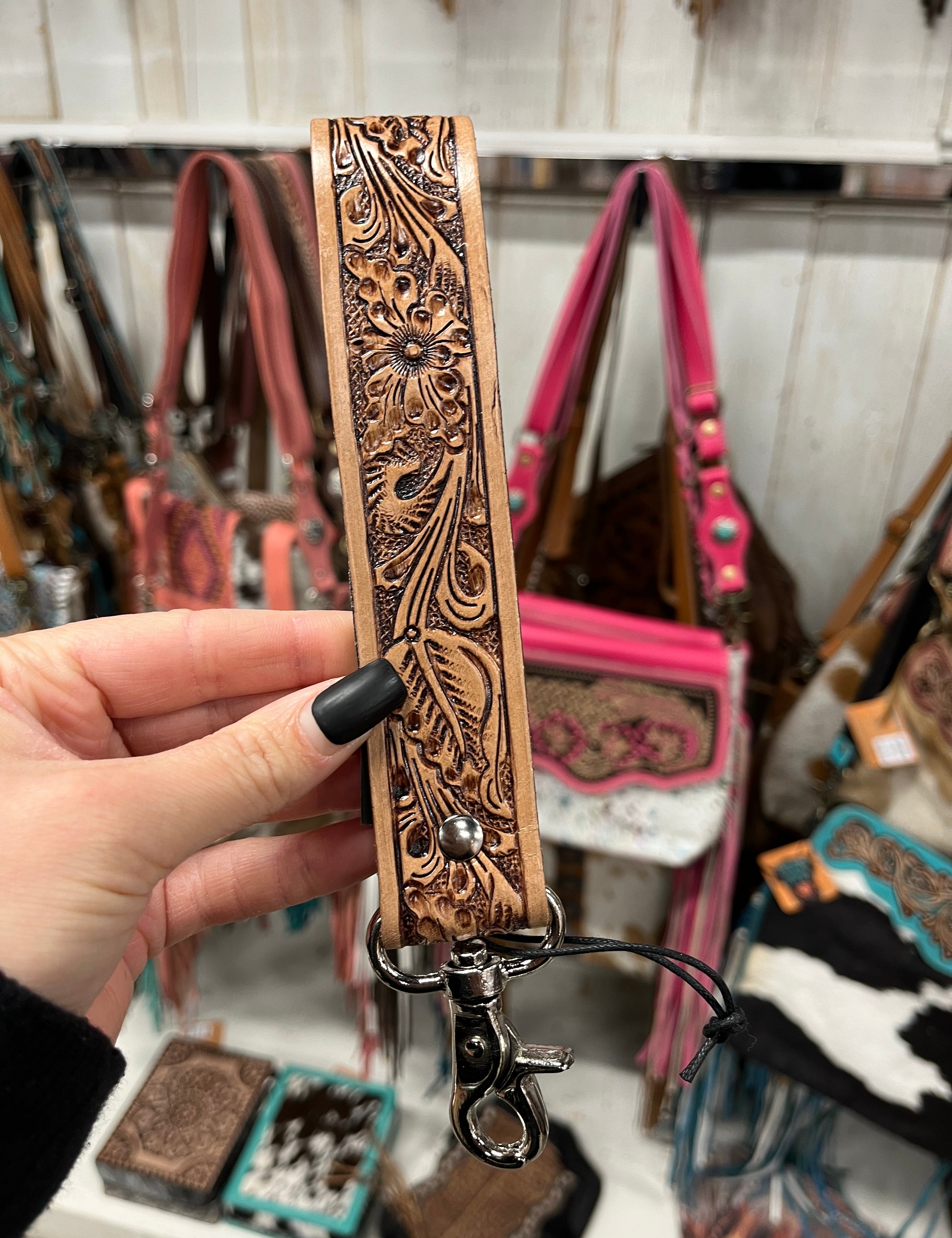 VanEnjoy Full Grain Leather Keychain Strap - 13 Inch Wristlet With 2 Square Locks, Blue-Silver Hardware