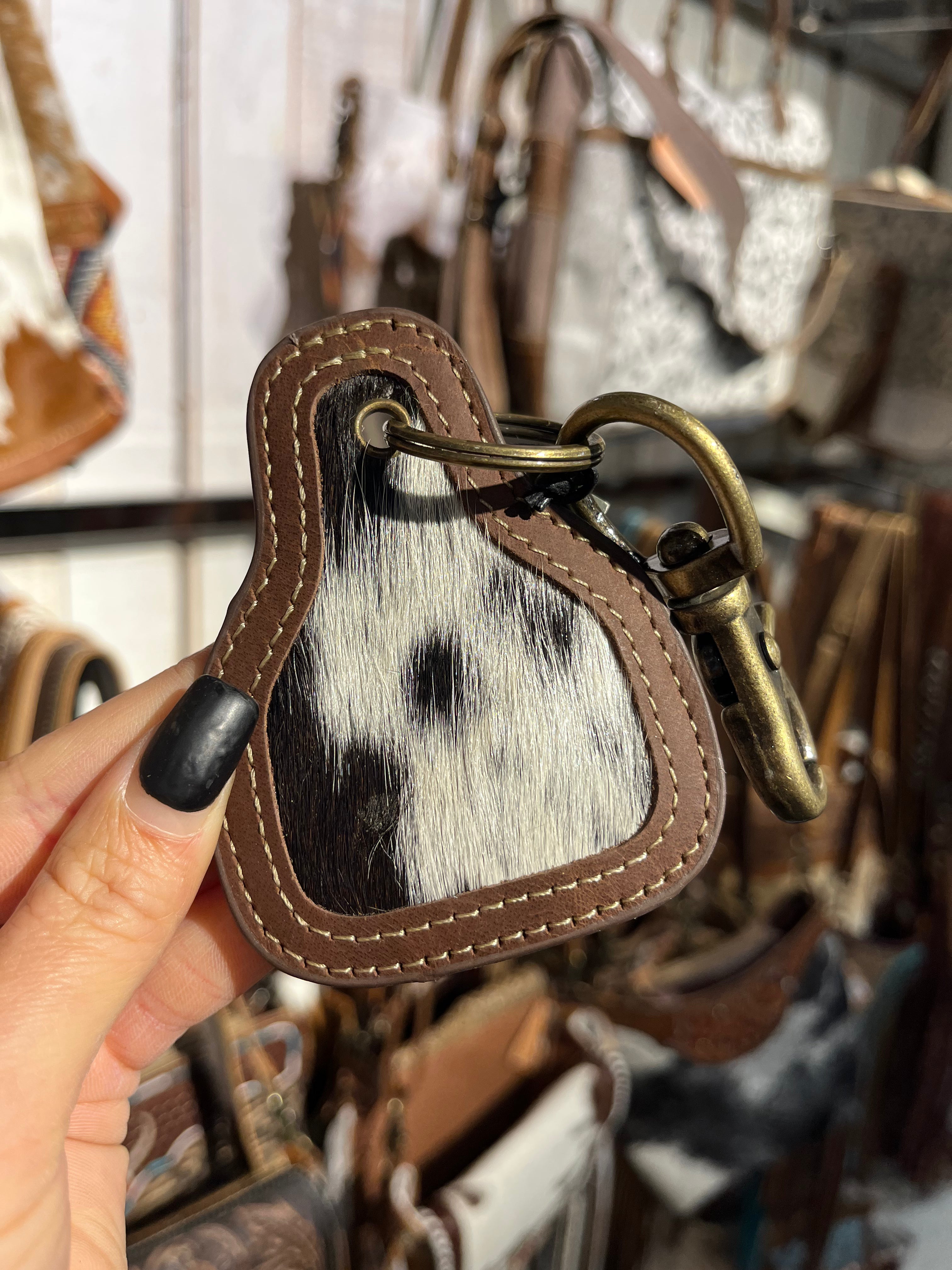 Black Cowhide Cow Tag Keychain