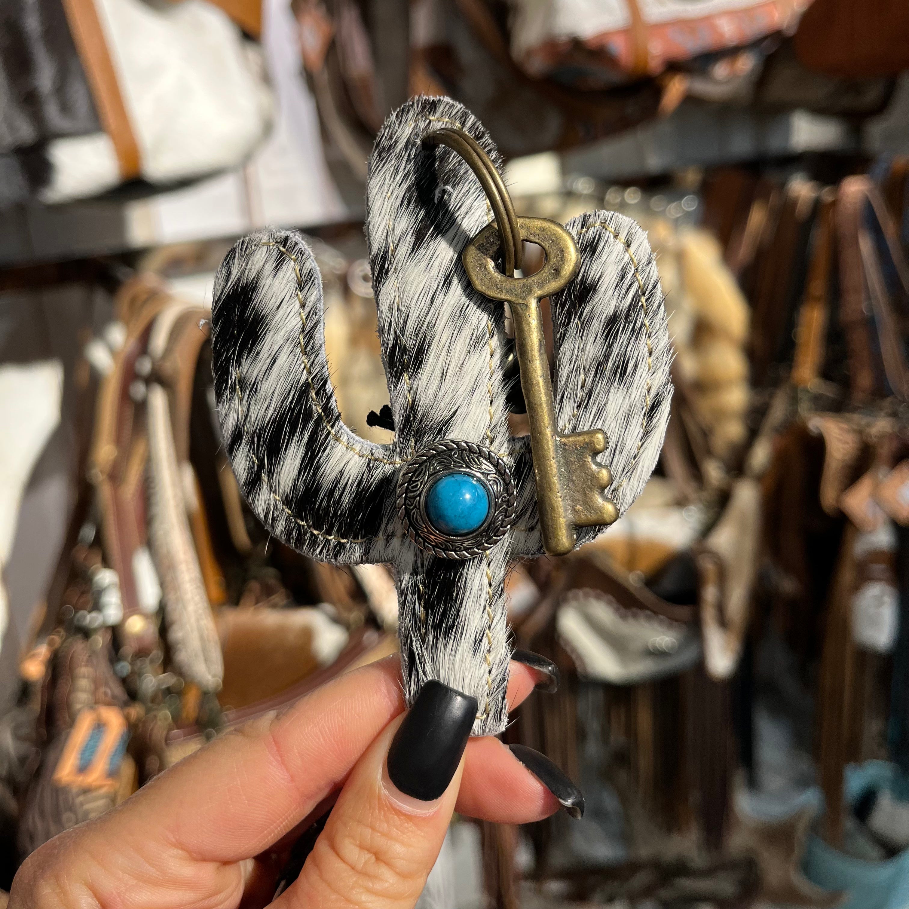 Black & White Cowhide Cactus Keychain