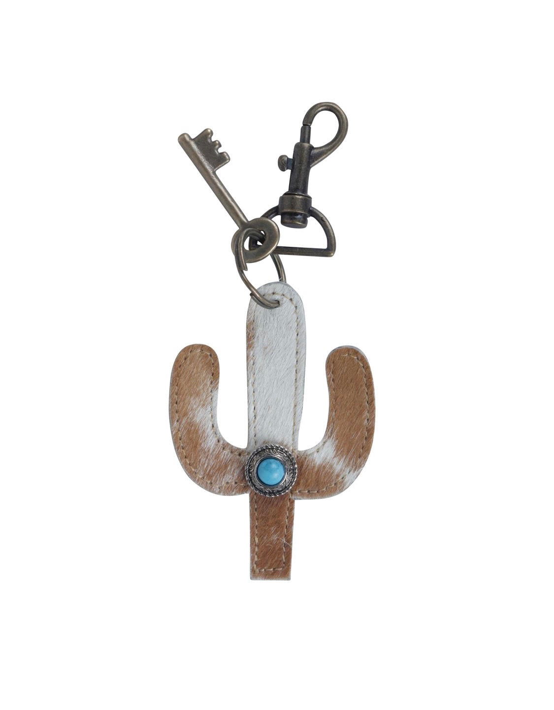 Tan & White Cowhide Cactus Keychain